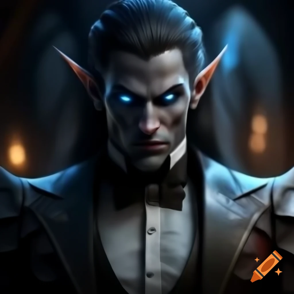 Dark elf warlock in tuxedo with glowing electric blue eyes