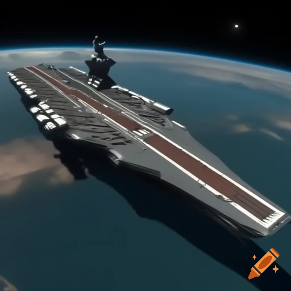 Spaceship resembling an aircraft carrier in orbit around Mars