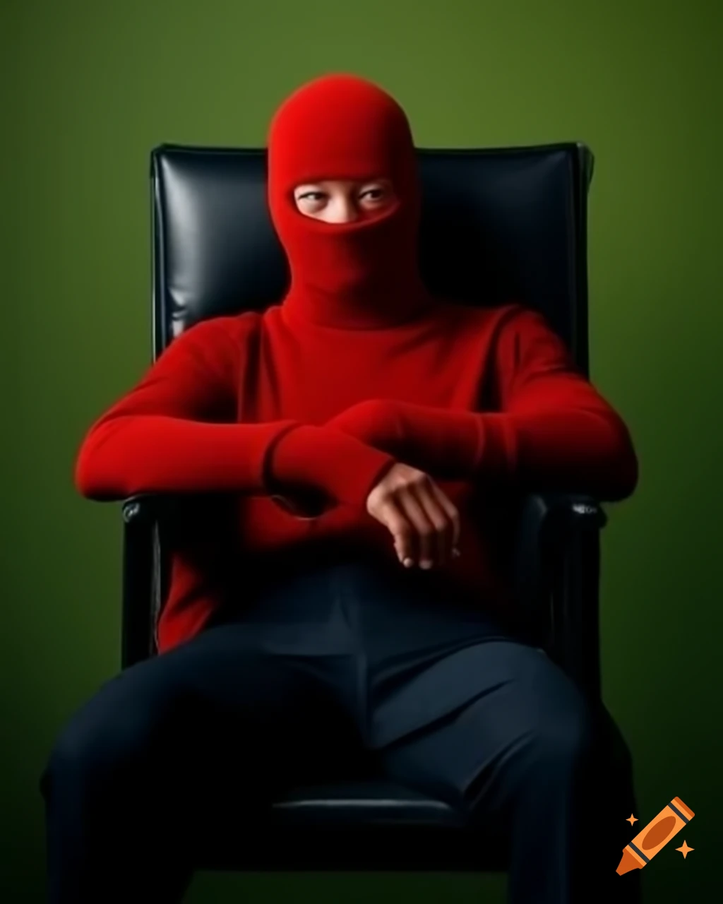 Man in chair wearing red balaclava