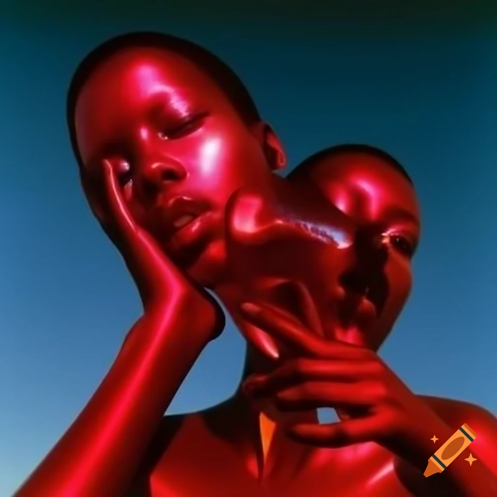 Pop surreal photography featuring iridescent red glass statue