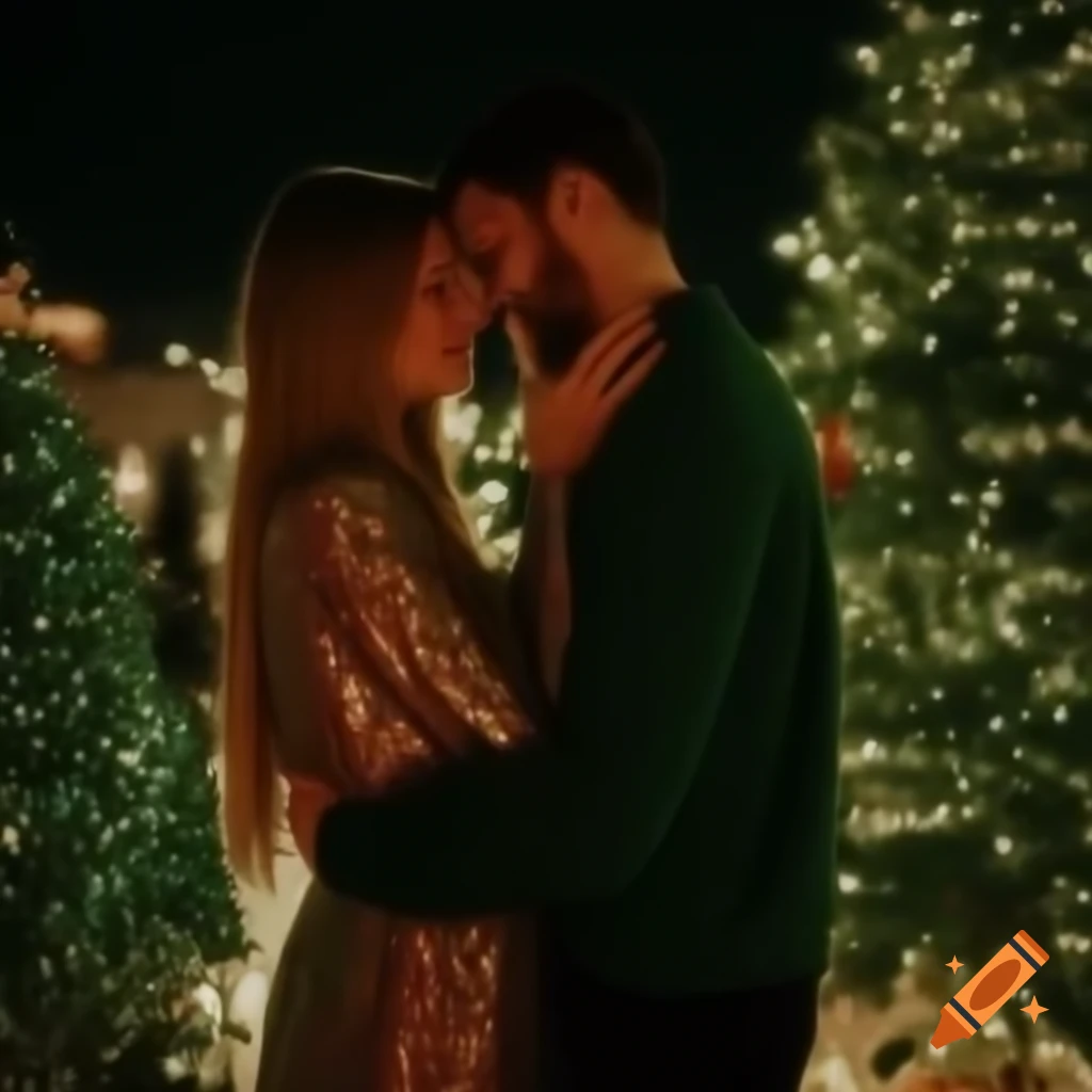 Lovers embracing under shimmering lights and green Christmas trees