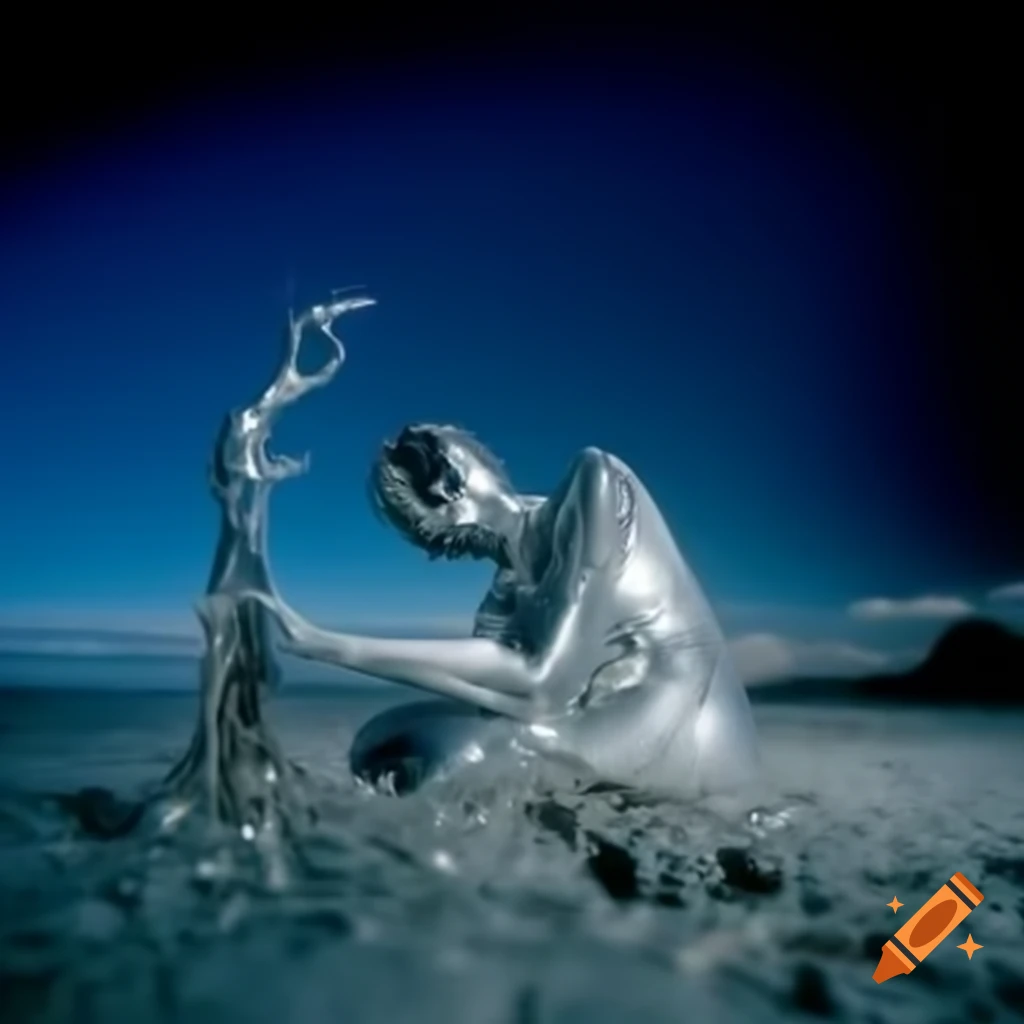 Pop surreal 2000's dreamscape featuring a silver statue