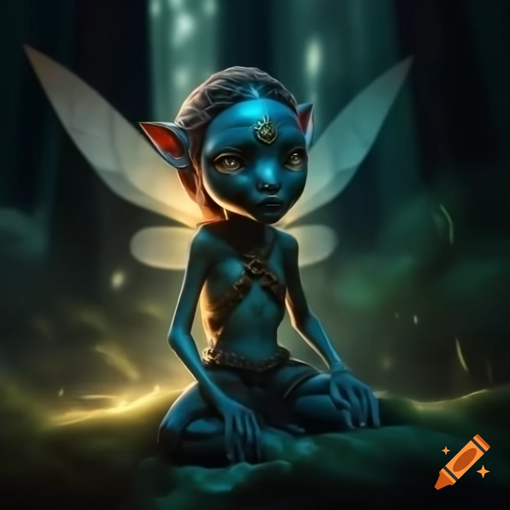 Photorealistic 3D render of a fairy next to a tree in a forest