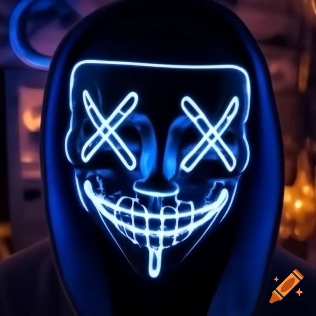 LED mask profile picture with hood, Xes eyes and sewed mouth, steampunk background