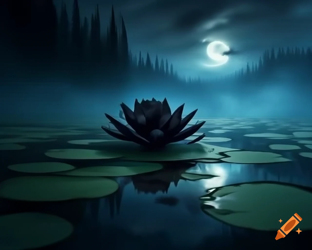 Giant black water lily in foggy lake at night with forest background