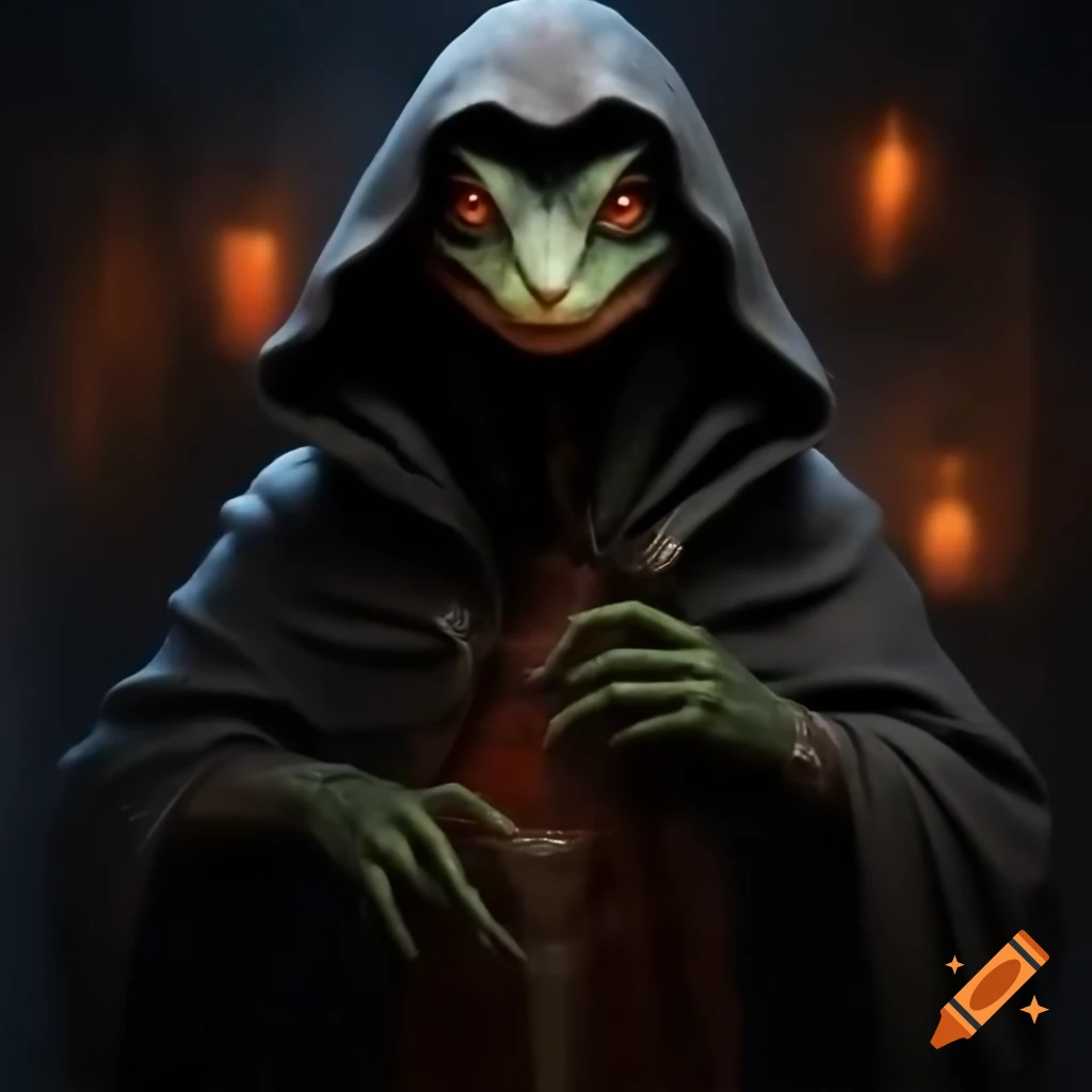 Dark hooded lizard vampire figure with eloquent features
