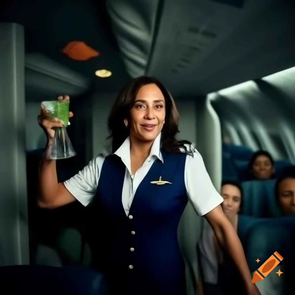 Stylized portrait of Vice President Kamala Harris as flight attendant serving beverages