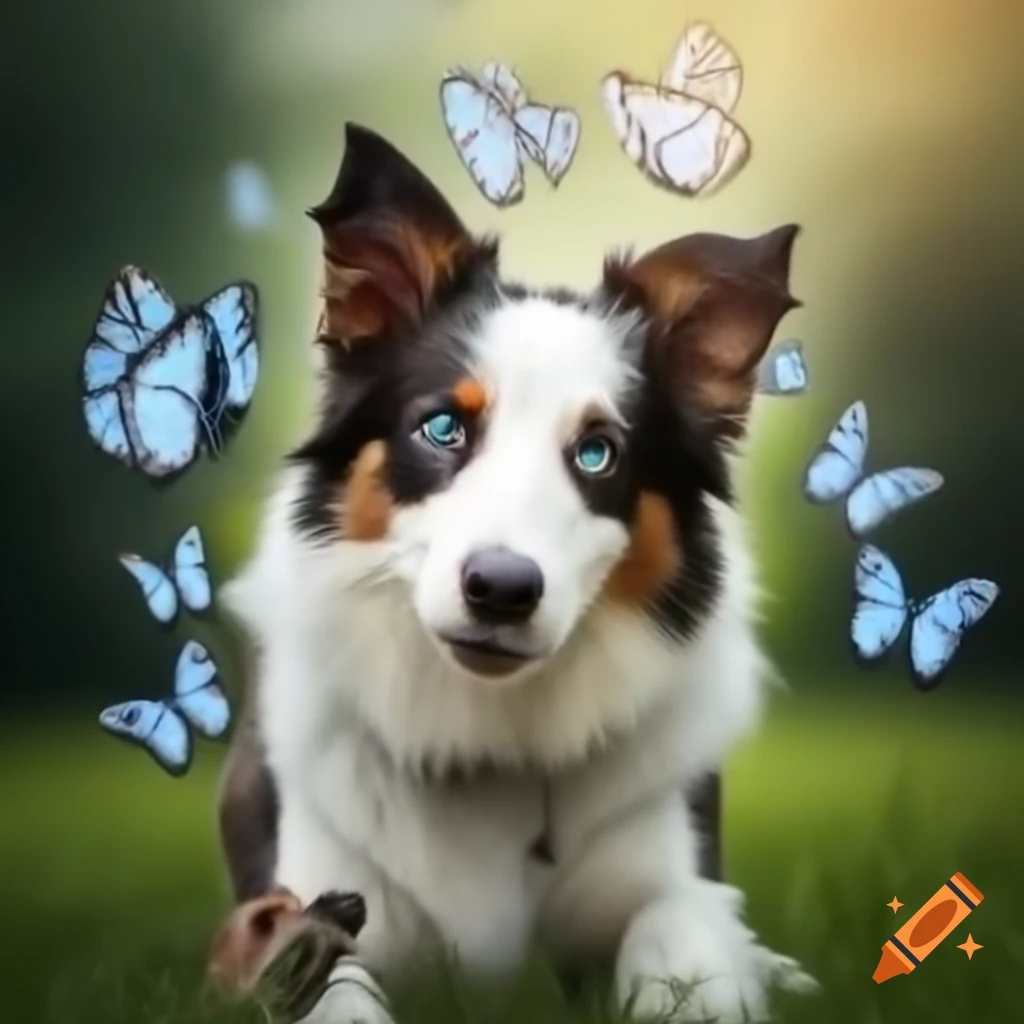 Border collie chasing butterflies in a field