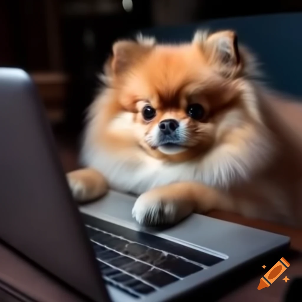 Pomeranian dog typing on a laptop