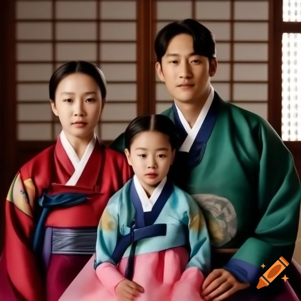Family dressed in traditional Korean hanbok attire