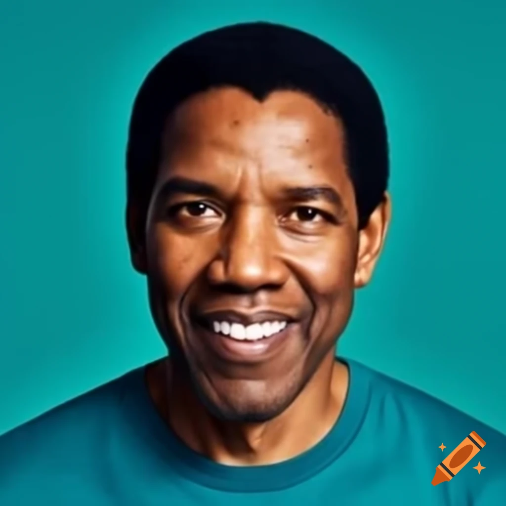 Denzel Washington in teal t-shirt against teal background