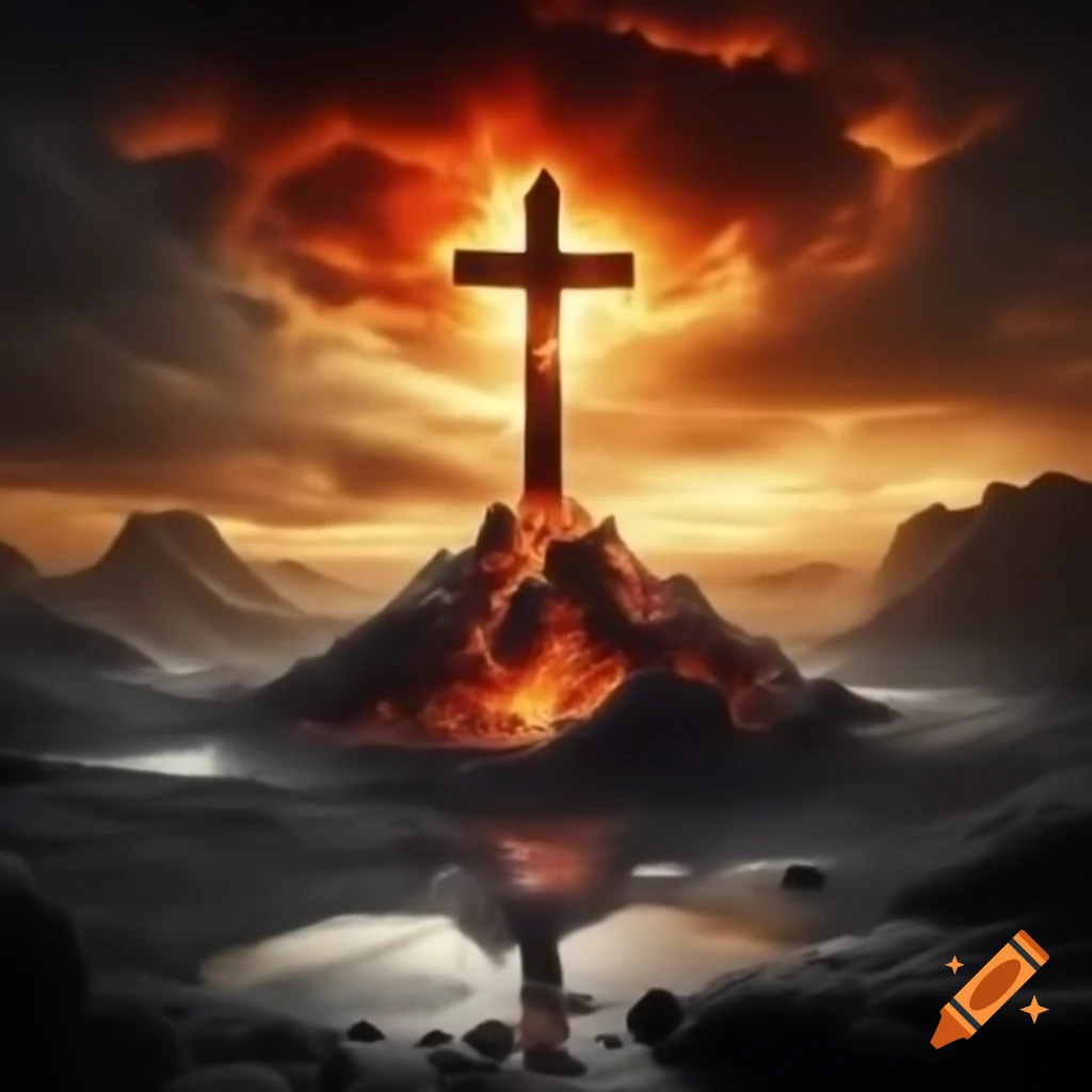 Cross in rocky landscape with lava and epic golden skies