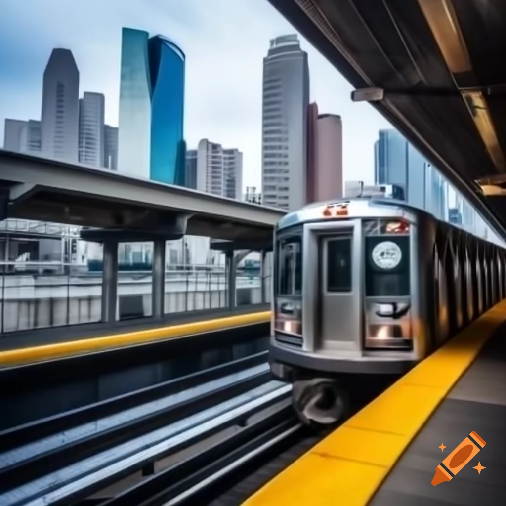 D62A train arriving at 74th Street Station surrounded by skyscrapers in winter