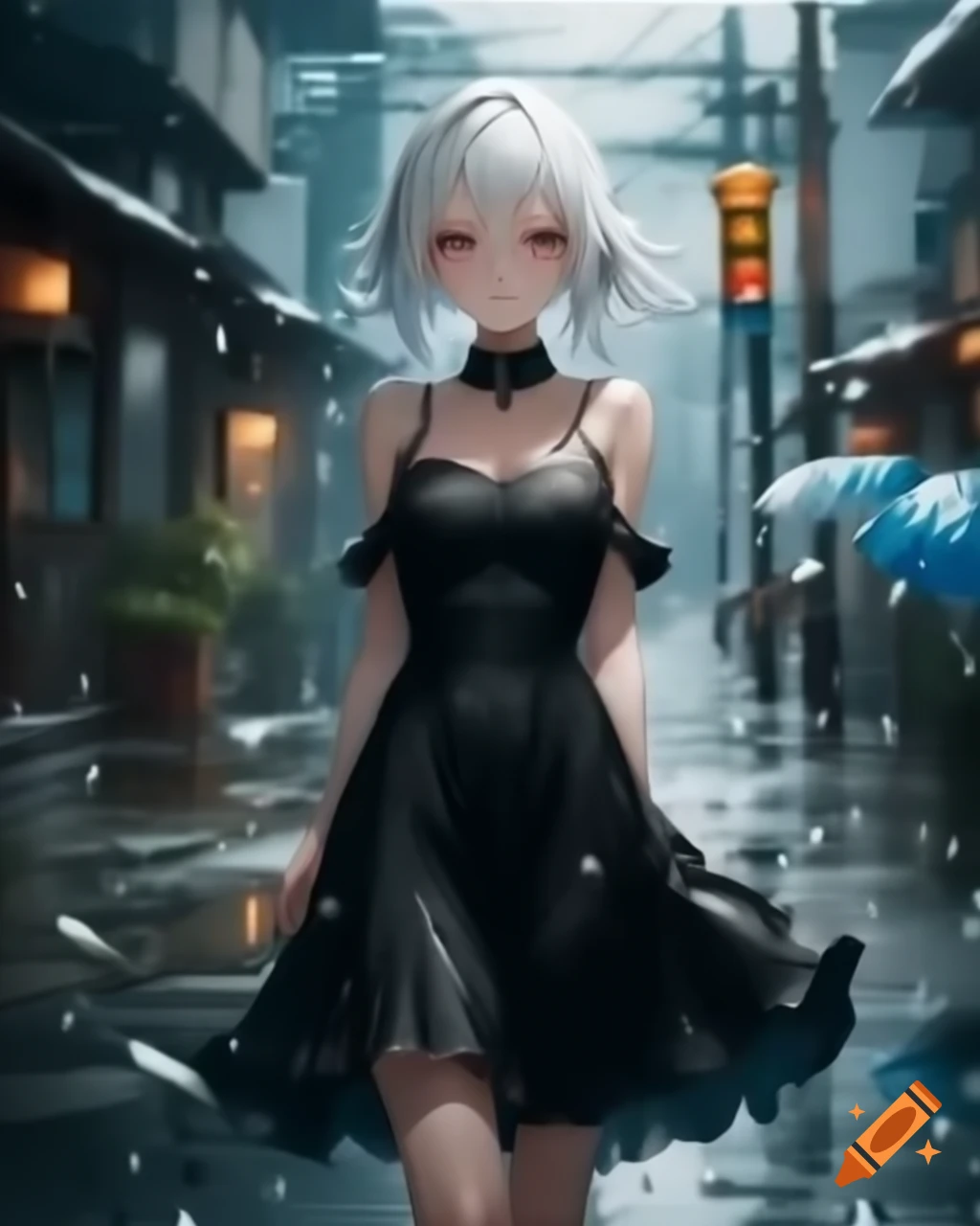 Anime woman with white hair in black dress on a rainy day, realistic style