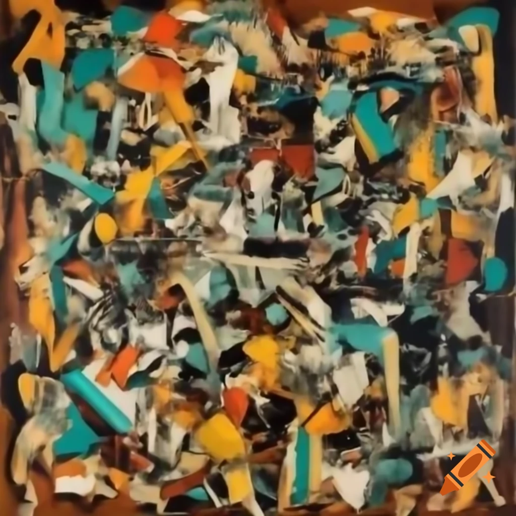 Abstract painting with layered, chaotic composition in comic book art style