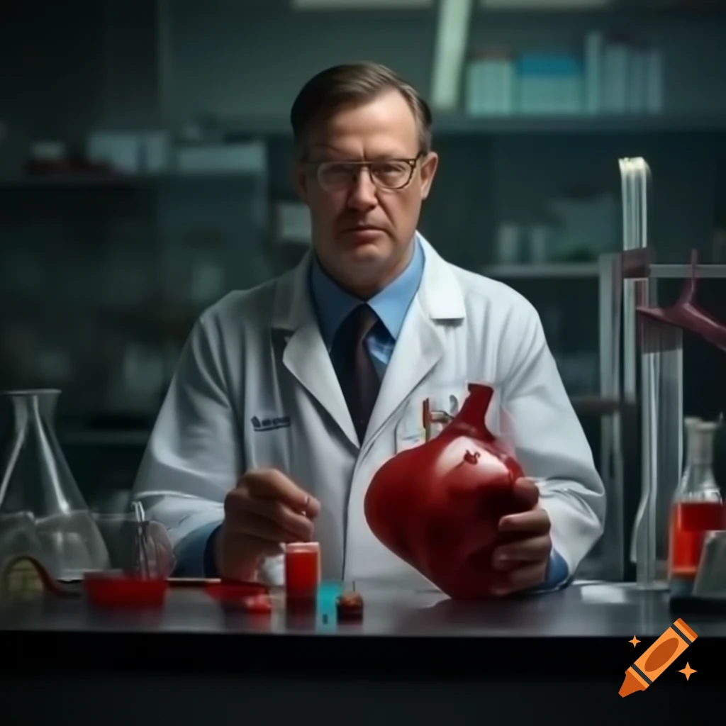 Man in laboratory holding blood bag, digital art style