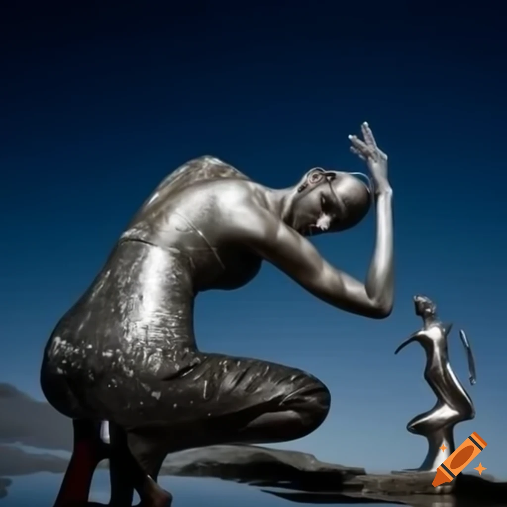 Pop surreal photography featuring silver statue from the 2000s