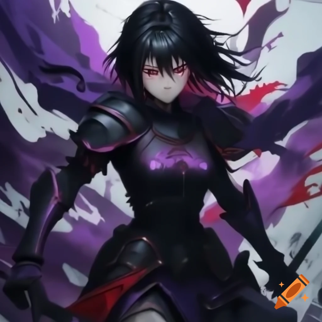 Dark female anime heroine in black armor with purple hair strands and red pupils