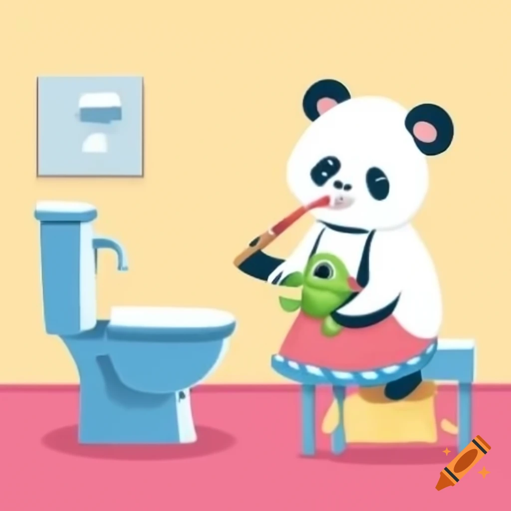 2-year-old panda brushing teeth with green stuffed turtle in calm bathroom