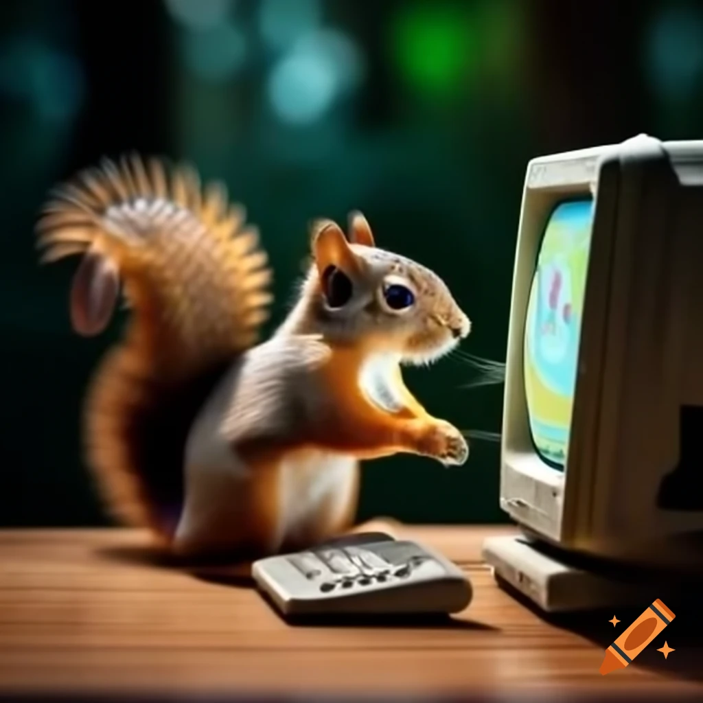 Squirrel interacting with a CRT monitor