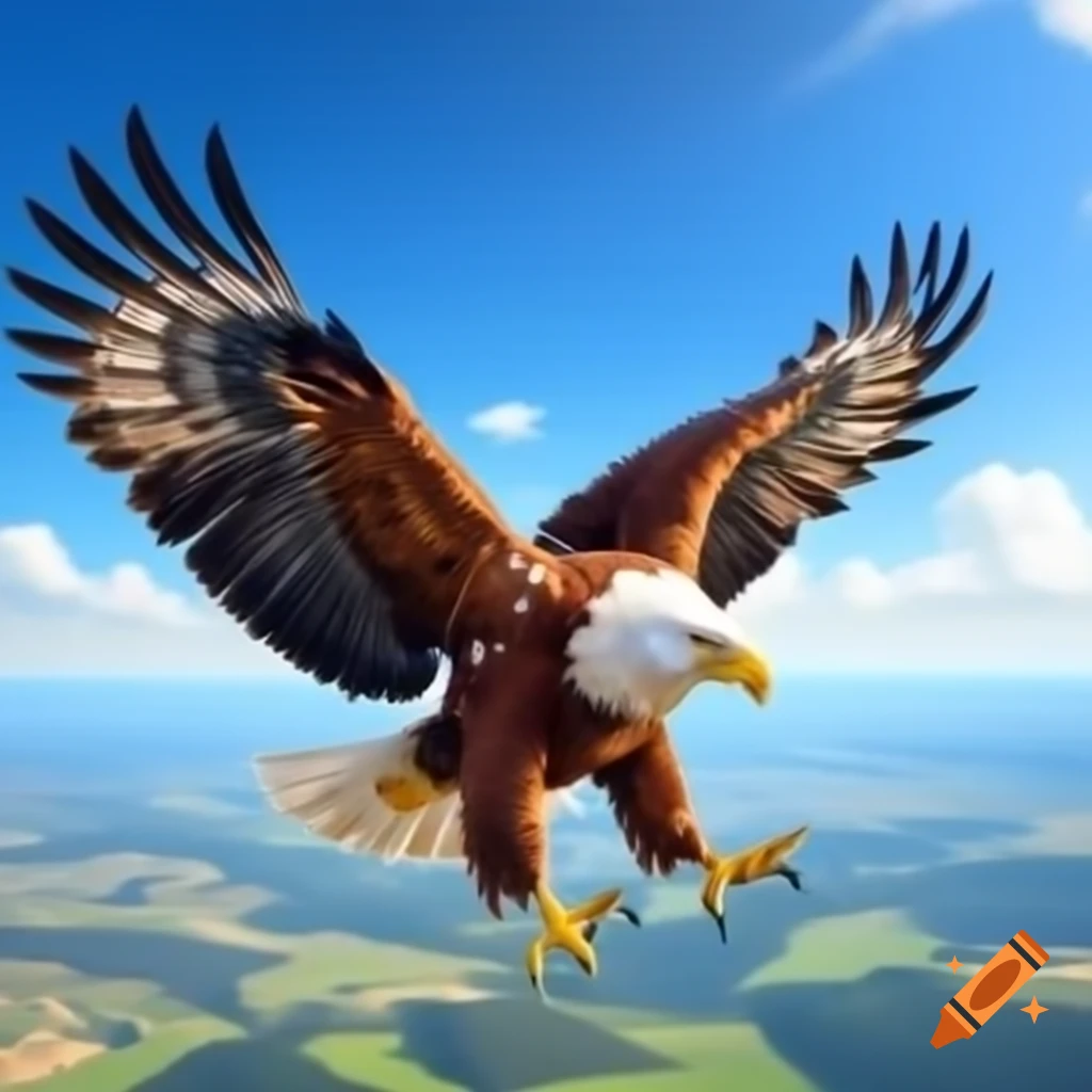 Yellow eagle soaring above Hungarian countryside with outstretched wings