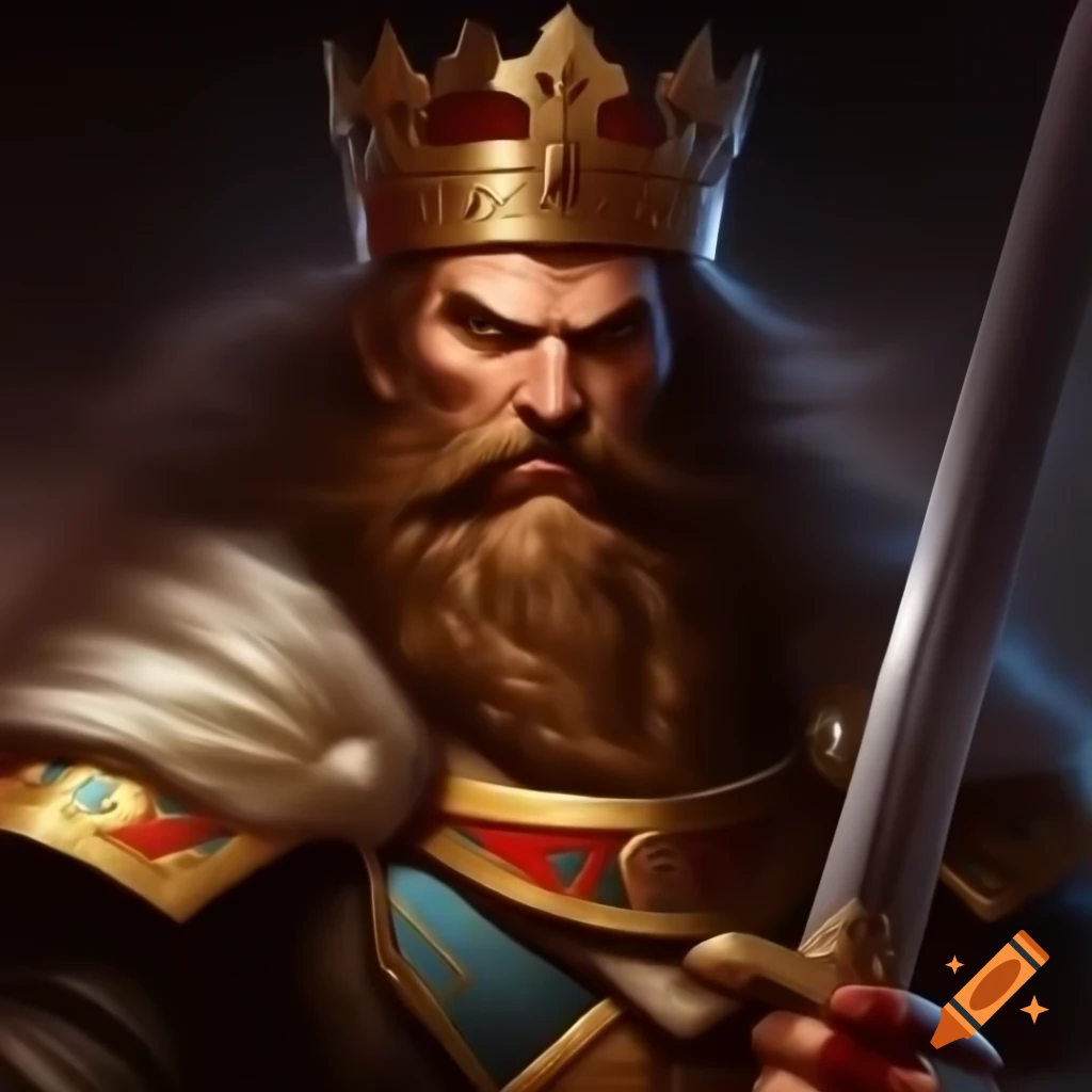 Fierce King of Spades with beard, holding sword and wearing spade-shaped crown