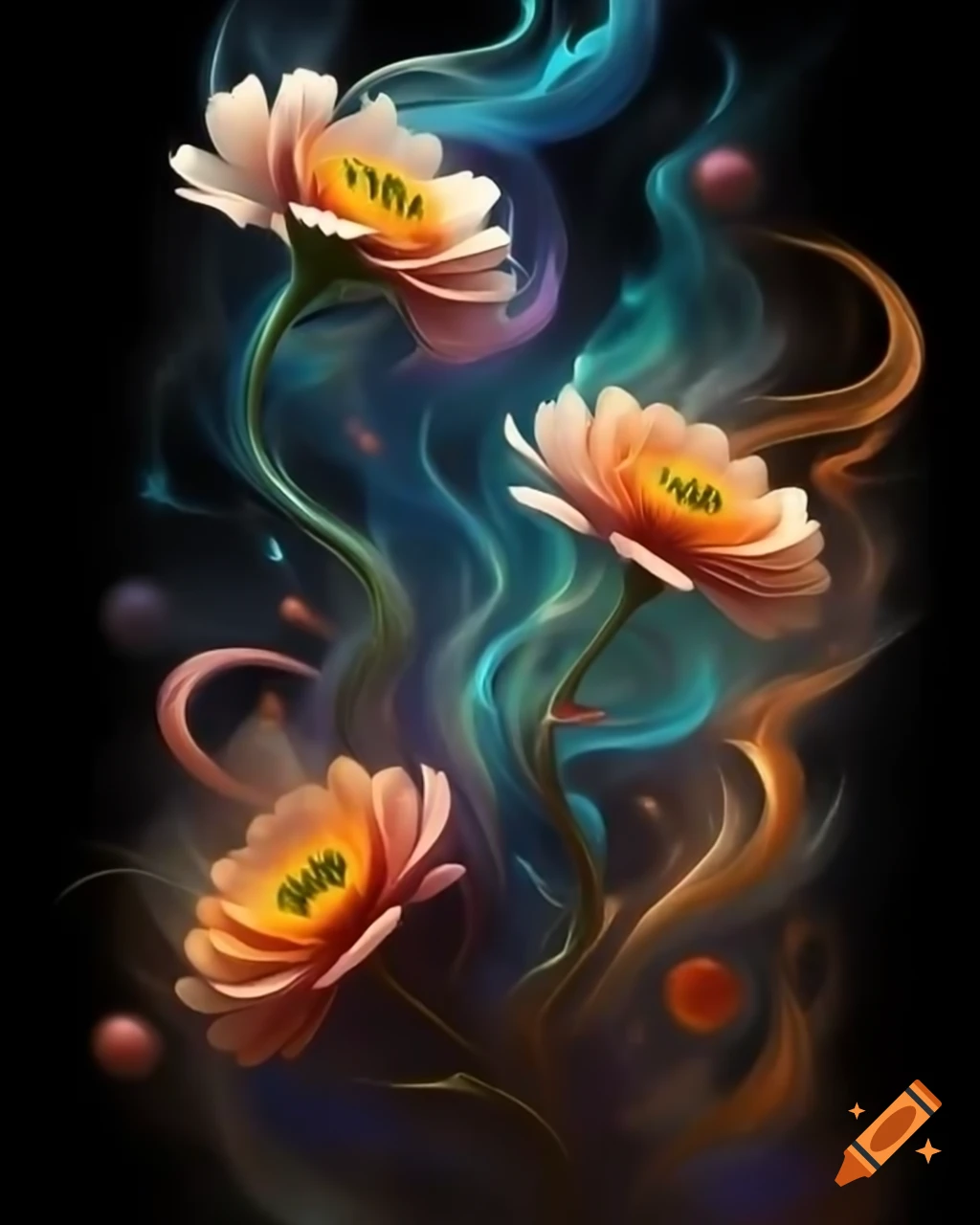 Mystical dance with vibrant shapes and swirling forms on canvas