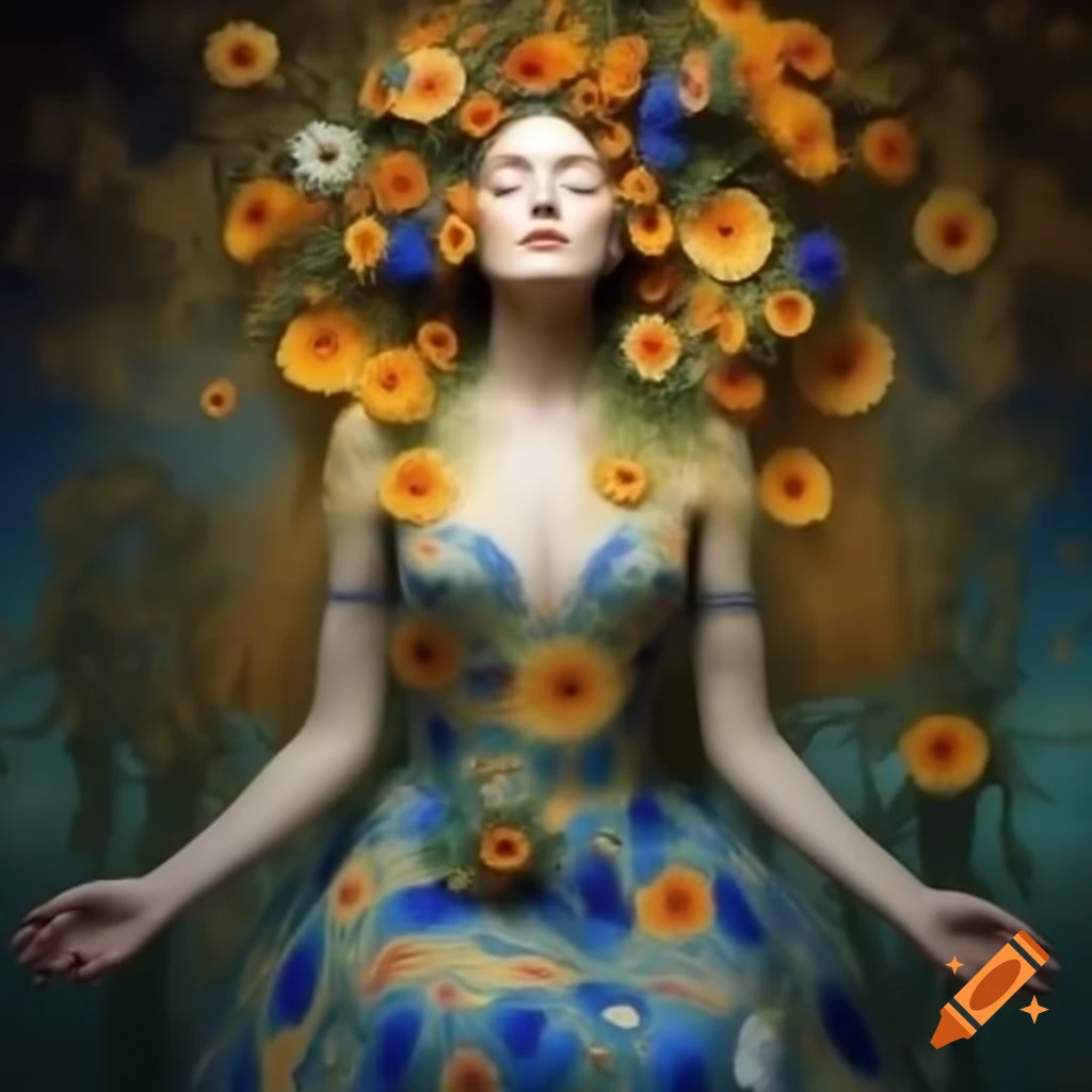 Meditating priestess of love-cult amidst blue gold ebru flowers, inspired by Gustav Klimt