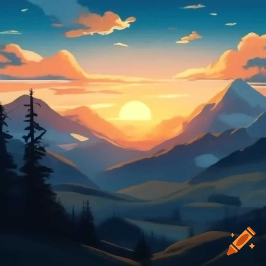 Soothing phone wallpaper of green mountains with blue and orange hues in the sky