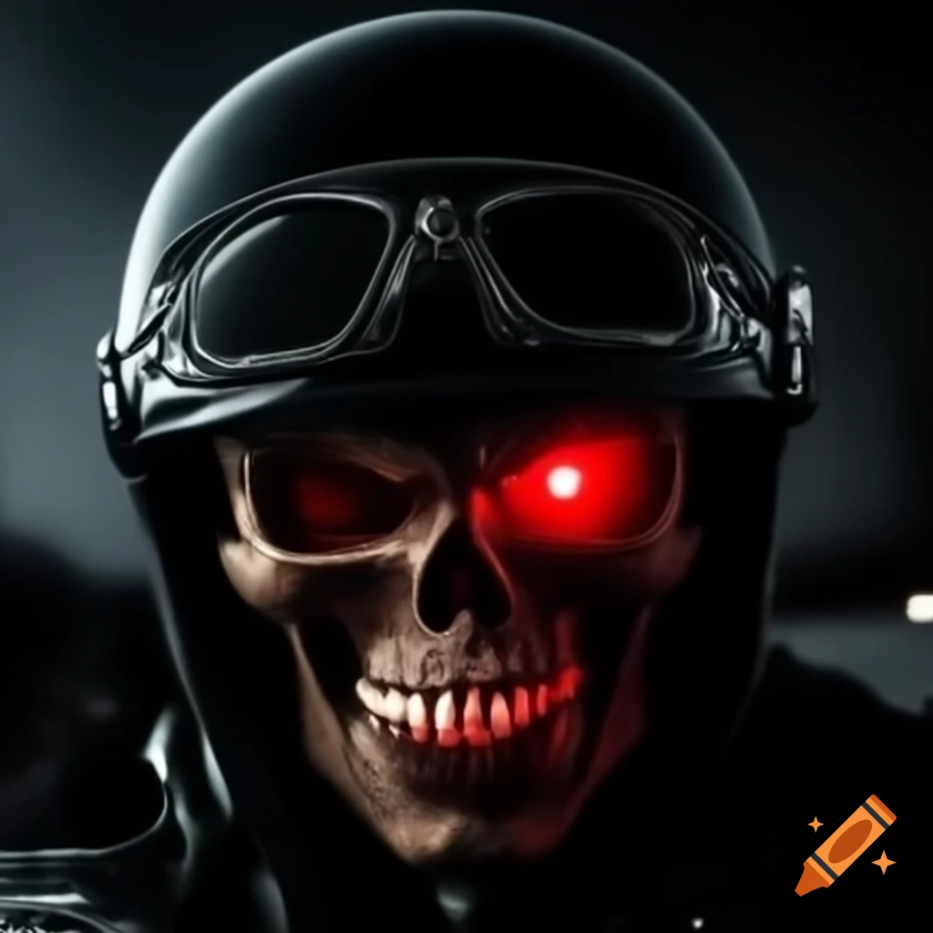Close-up of black motorcycle helmet with red skull design and subtle backlight