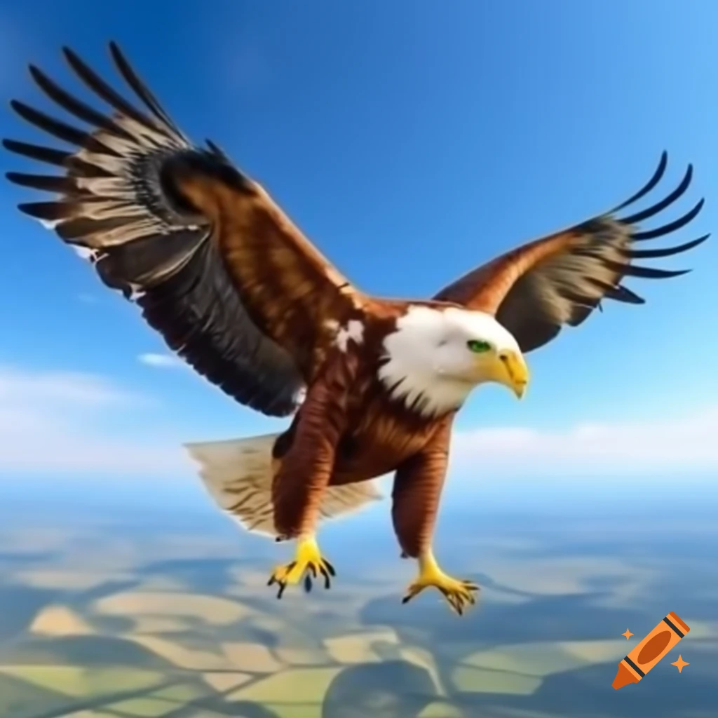 Yellow eagle soaring above Hungarian countryside with outstretched wings