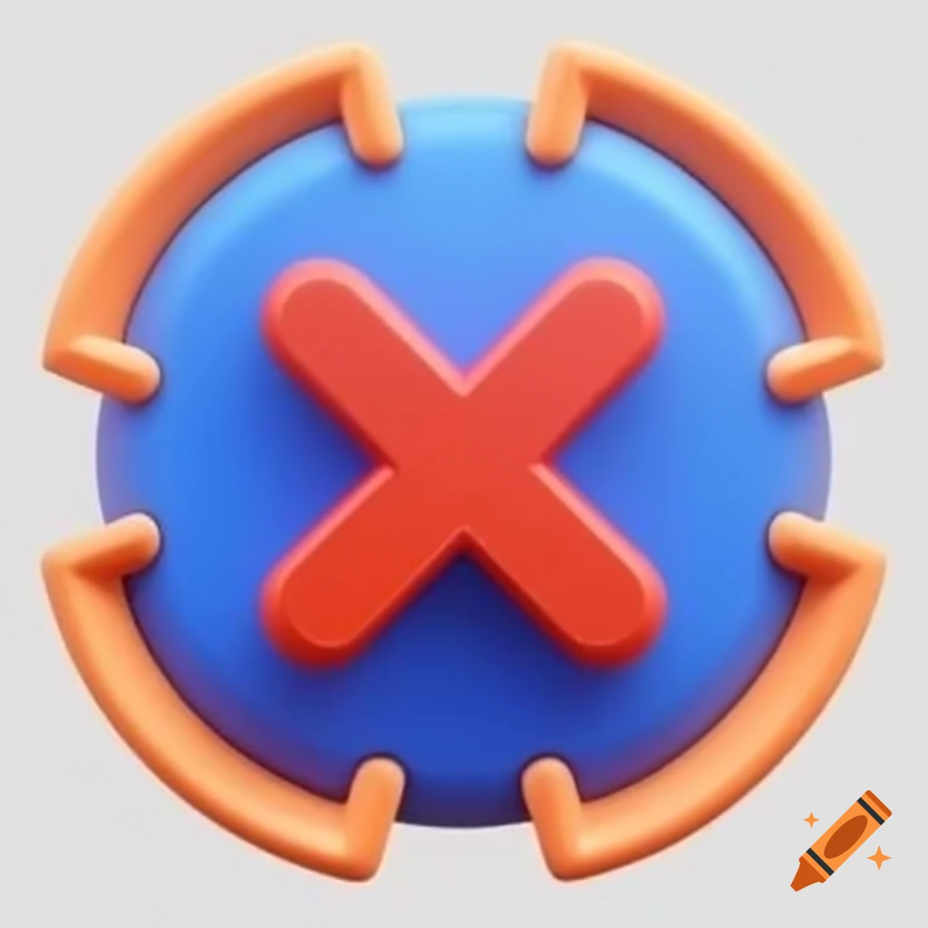 Round blue button with red X and orange edges