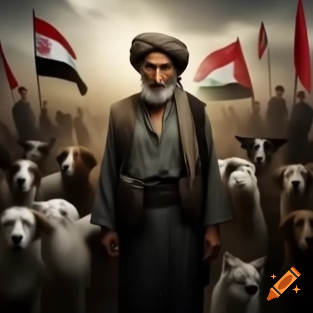 Yemeni man in despair surrounded by dogs with Yemeni flags, movie poster design