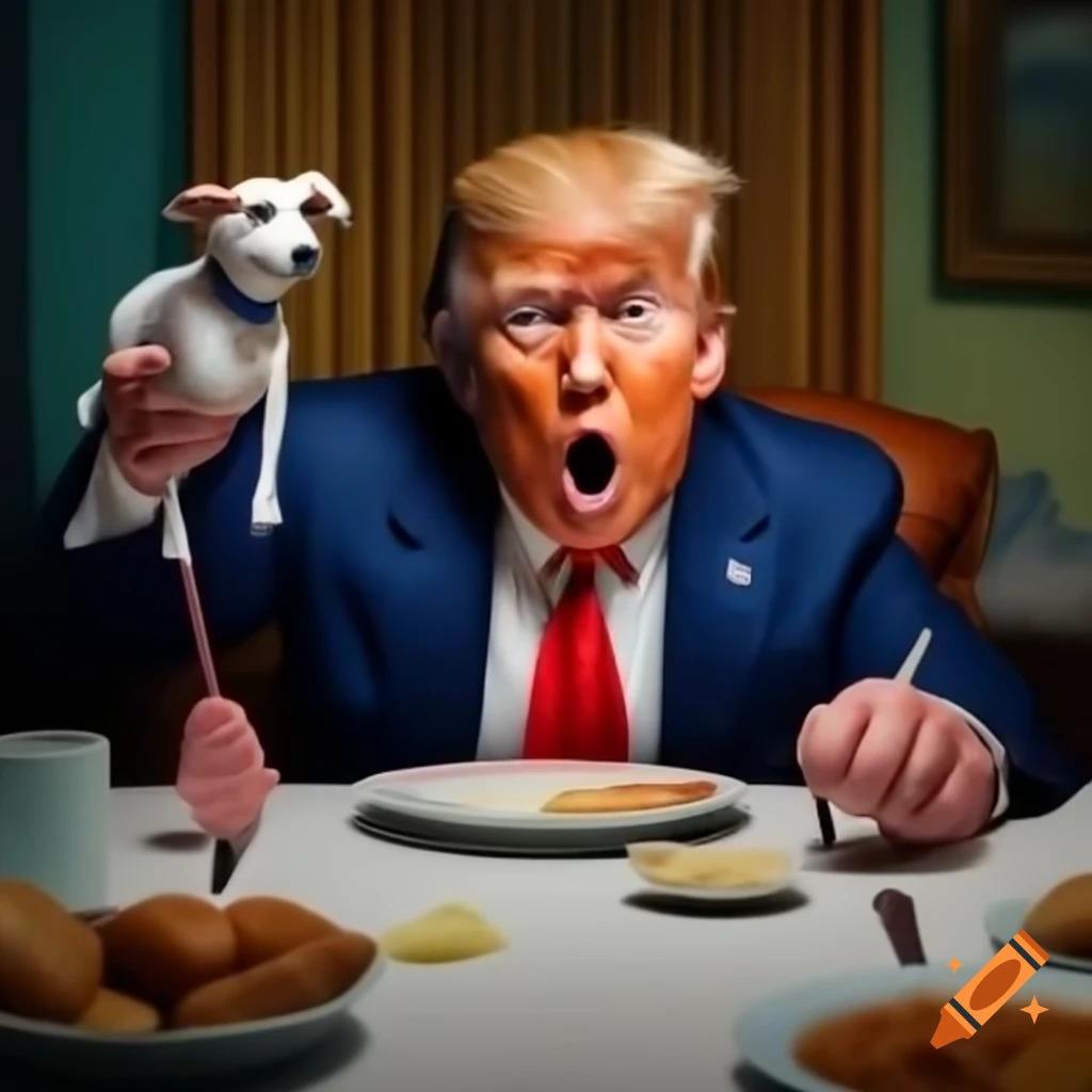 Satirical cartoon of Donald Trump at dinner table with humorous portrayal of eating pets