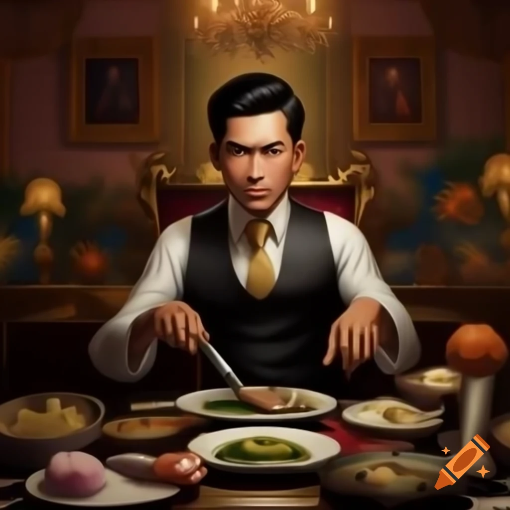 Digital painting of wealthy Filipino businessman in luxurious penthouse with opulent decor and high-end art