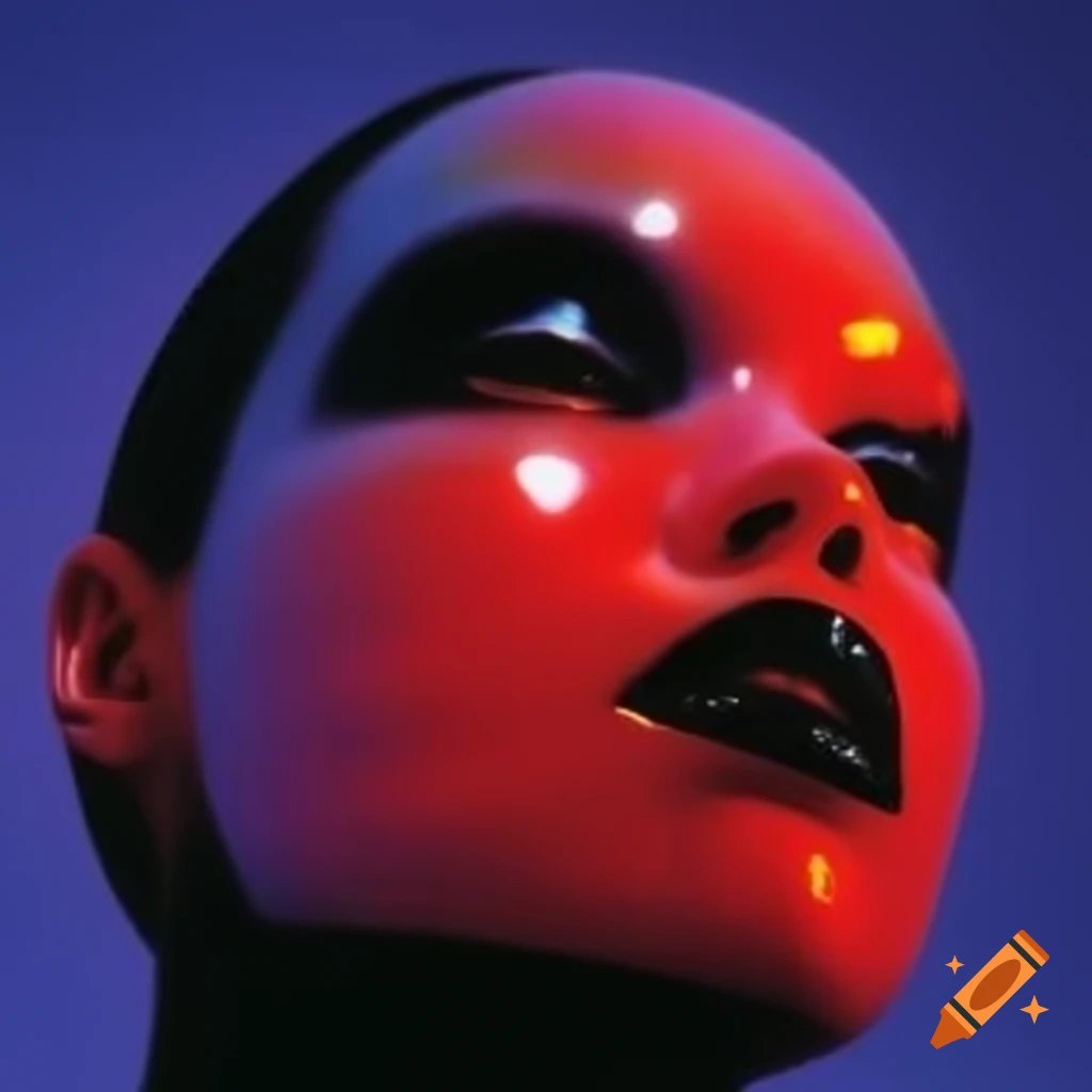 Iridescent red glass statue in pop surreal 2000's photography style