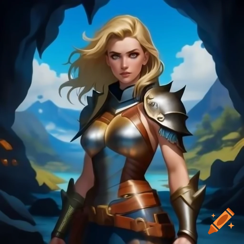 Digital illustration of woman in metallic armor in fantasy cave with blue sky and mountains