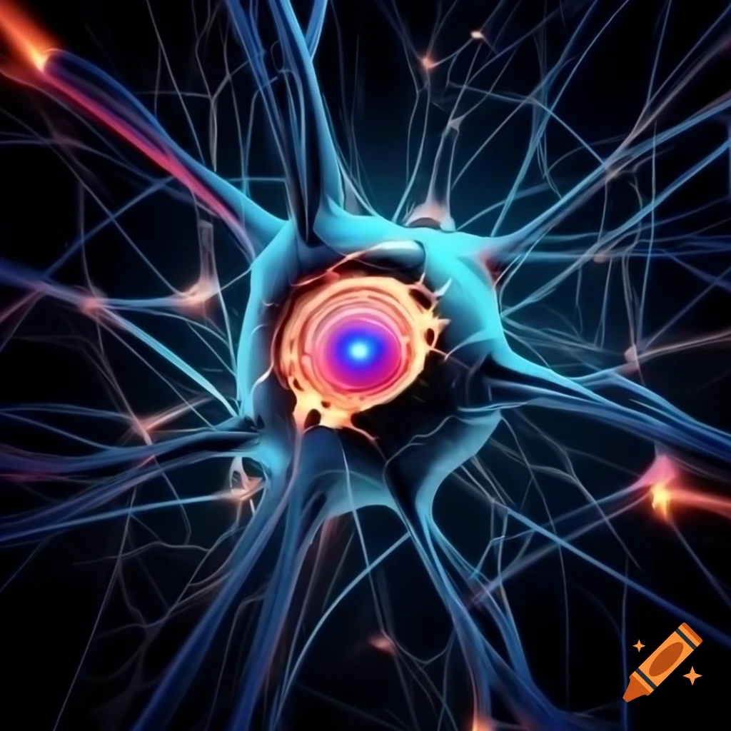 Artistic 3D design of neurons and synapses resembling a digital CPU, vibrant and bioluminescent
