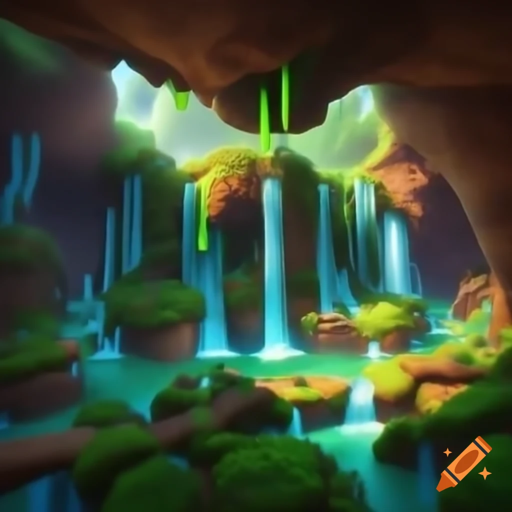 Whimsical Mario world with waterfalls instead of green pipes