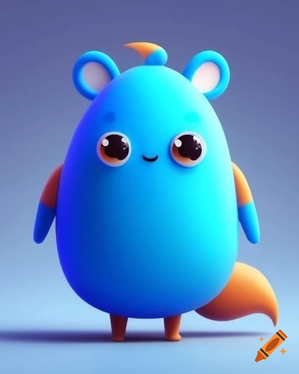 Cartoon character with blue potato body, fox tail, mouse ears, and large eyes