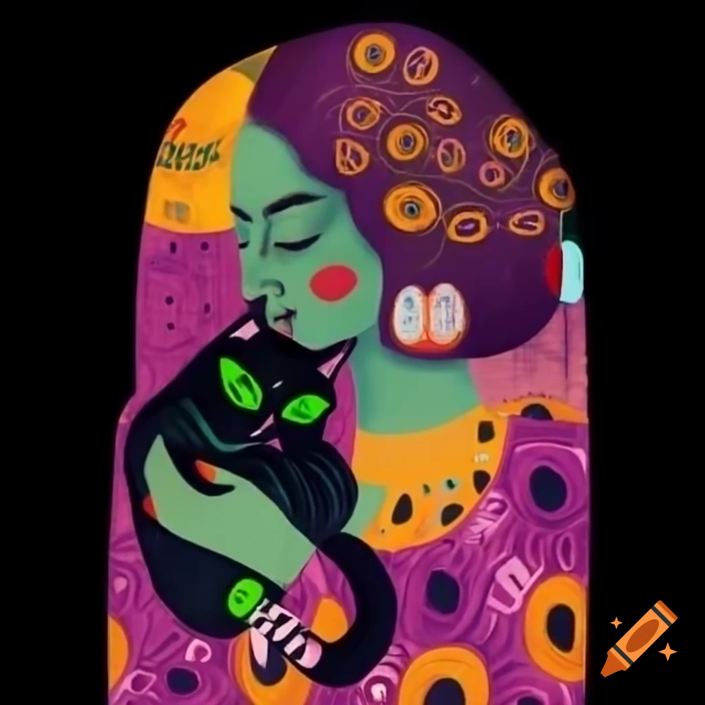Middle-aged woman with brown hair in colorful dress holding a black cat with green eyes, Klimt and Vinci style