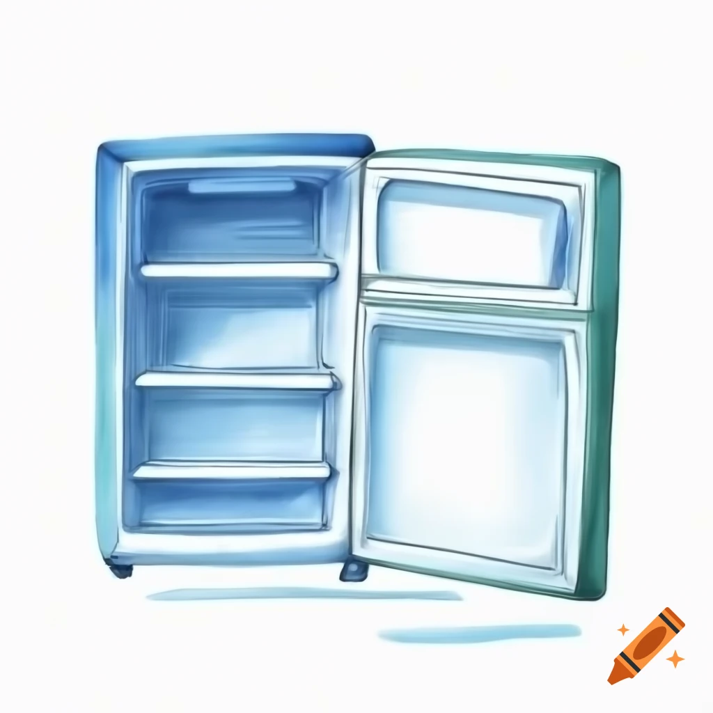 Cartoon-style open empty fridge on white background, watercolor effect
