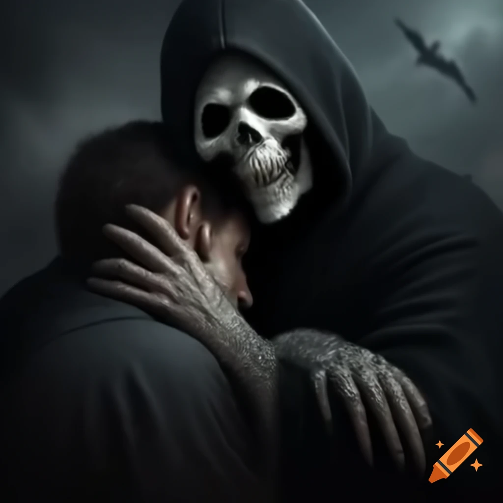 Man hugging the grim reaper in a whimsical scene