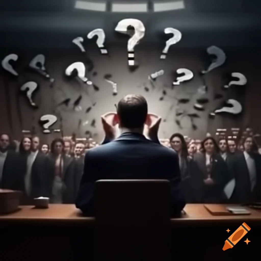 Man surrounded by question marks in law room with crowd standing