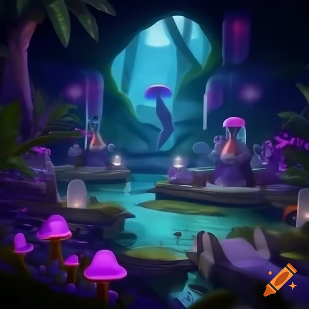 Biopunk cyborg fox goddesses in neon-lit laboratory with flowers and butterflies