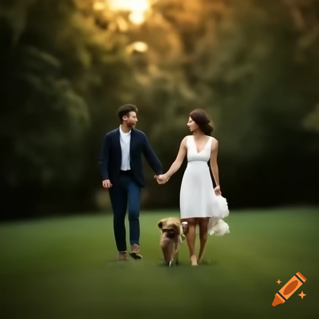 Couple walking hand-in-hand in sunlit park with dog