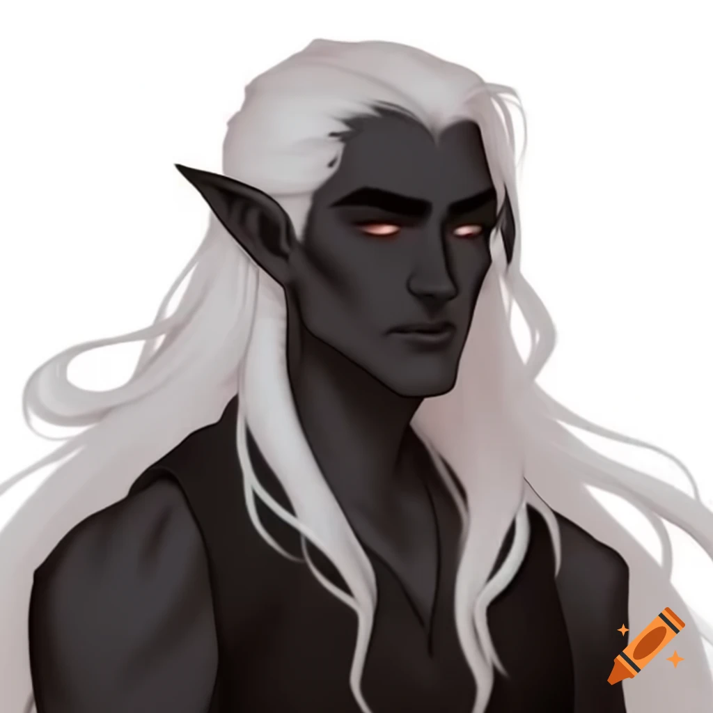 Dark elf man with grey skin and long white hair in modern attire