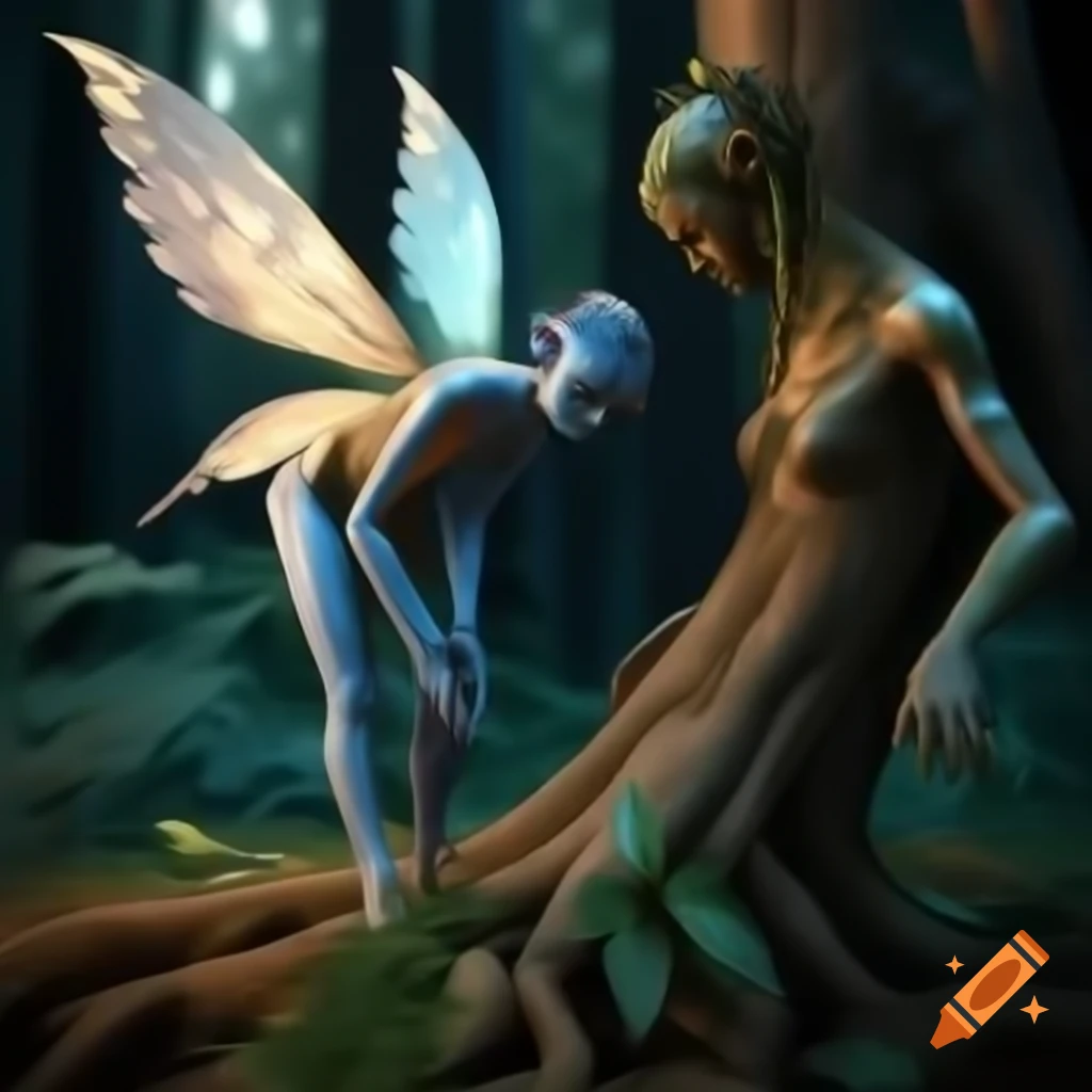 Photorealistic 3D render of a fairy beside a tree in a forest