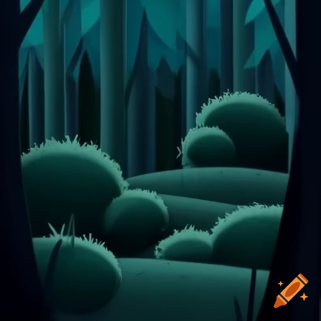 Cartoon style depiction of a dark forest