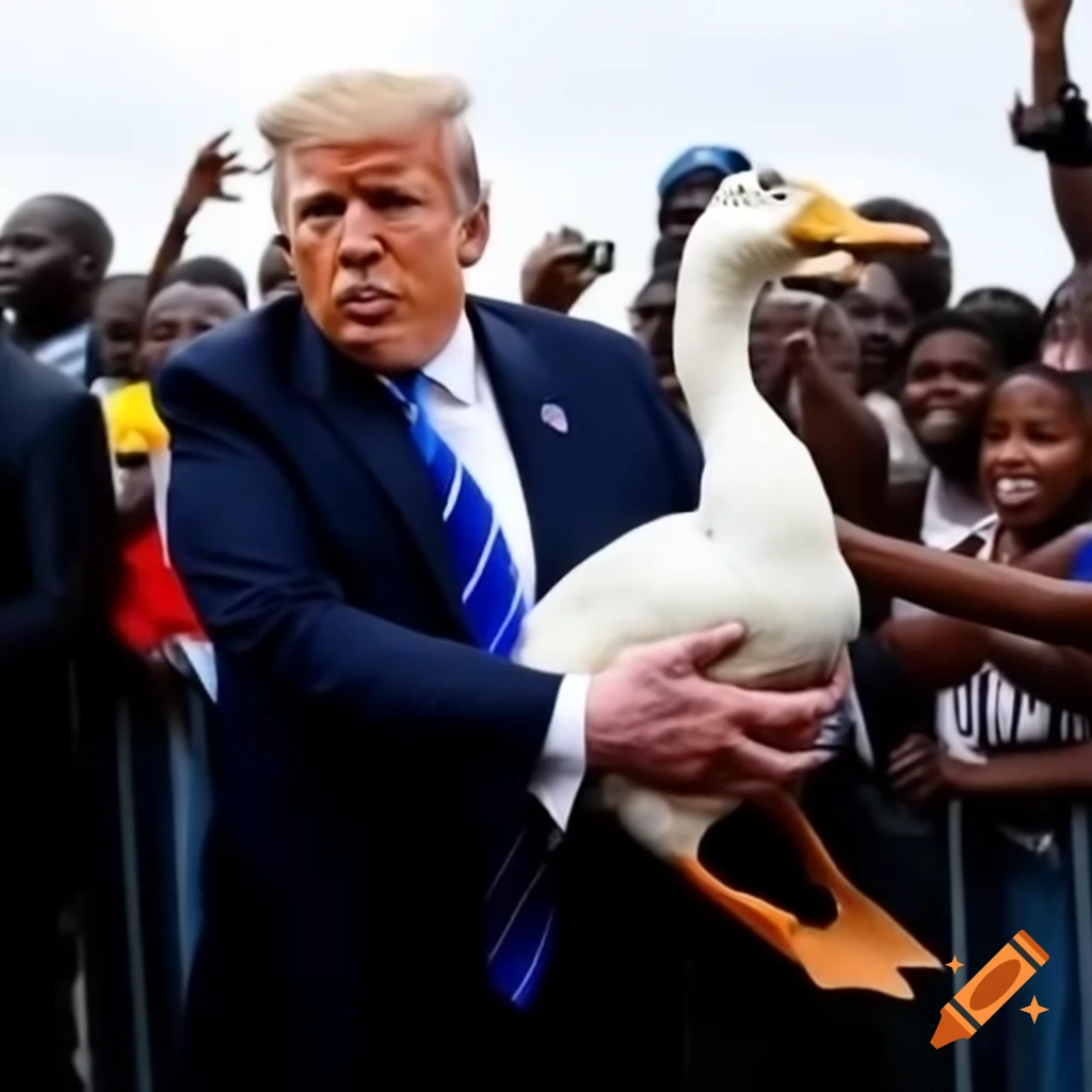 Trump carrying a duck while running from a crowd in Haiti